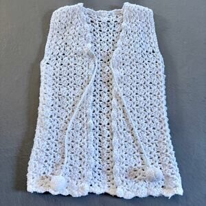 Vintage 1970s White Hand Knit Crochet Open Sweater Vest Womens XS